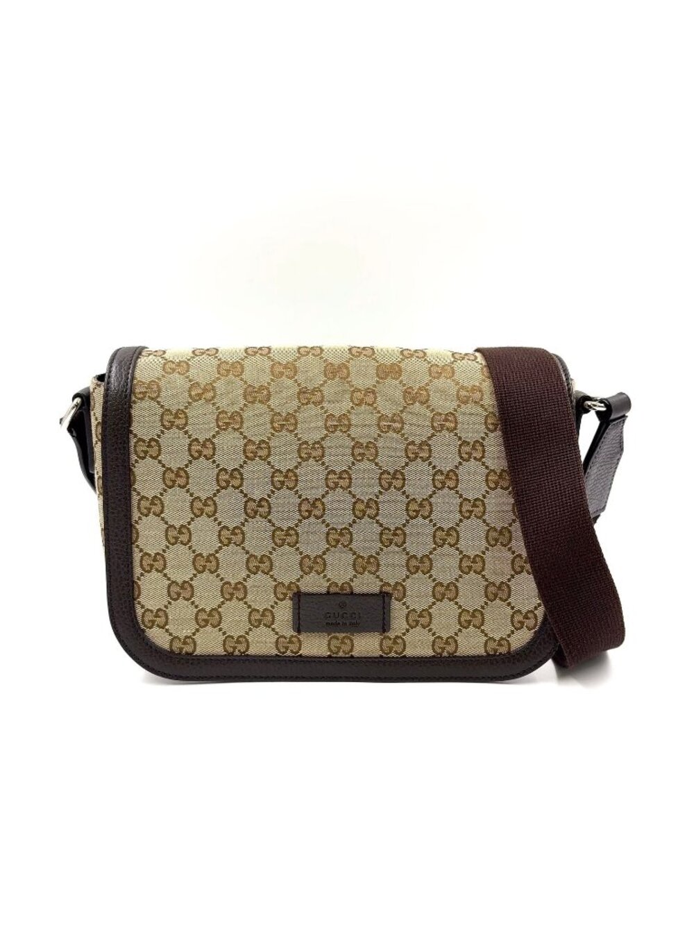 Gucci GG Canvas Leather Dark Brown Beige Shoulder Bag Silver